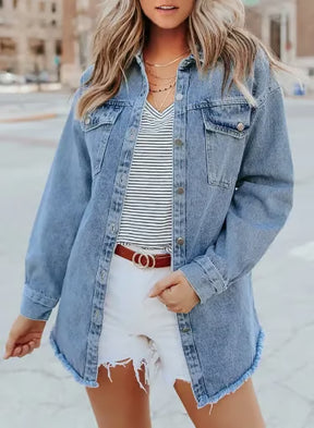 Women's Casual Denim Button Down Distressed Jacket - 2025