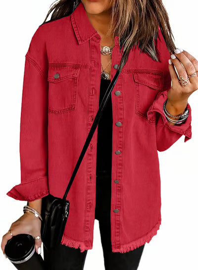 Women's Casual Denim Button Down Distressed Jacket - 2025