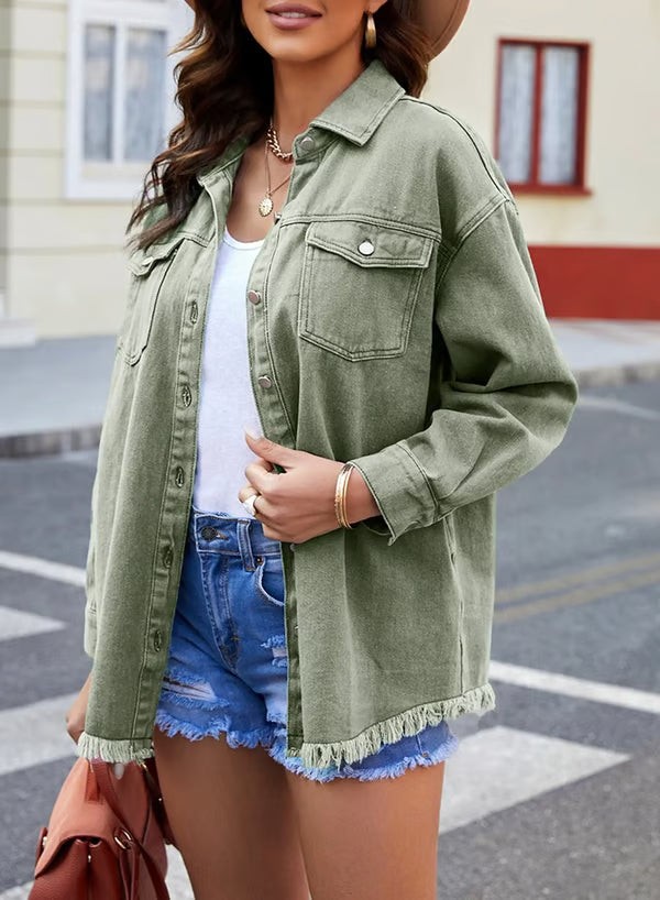 Women's Casual Denim Button Down Distressed Jacket - 2025