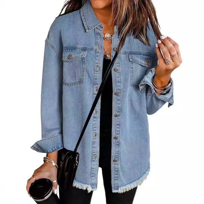 Women's Casual Denim Button Down Distressed Jacket - 2025