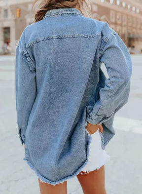 Women's Casual Denim Button Down Distressed Jacket - 2025