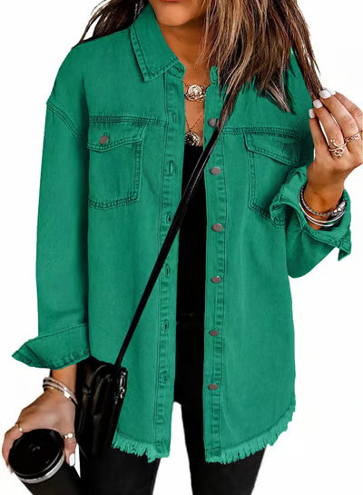 Women's Casual Denim Button Down Distressed Jacket - 2025